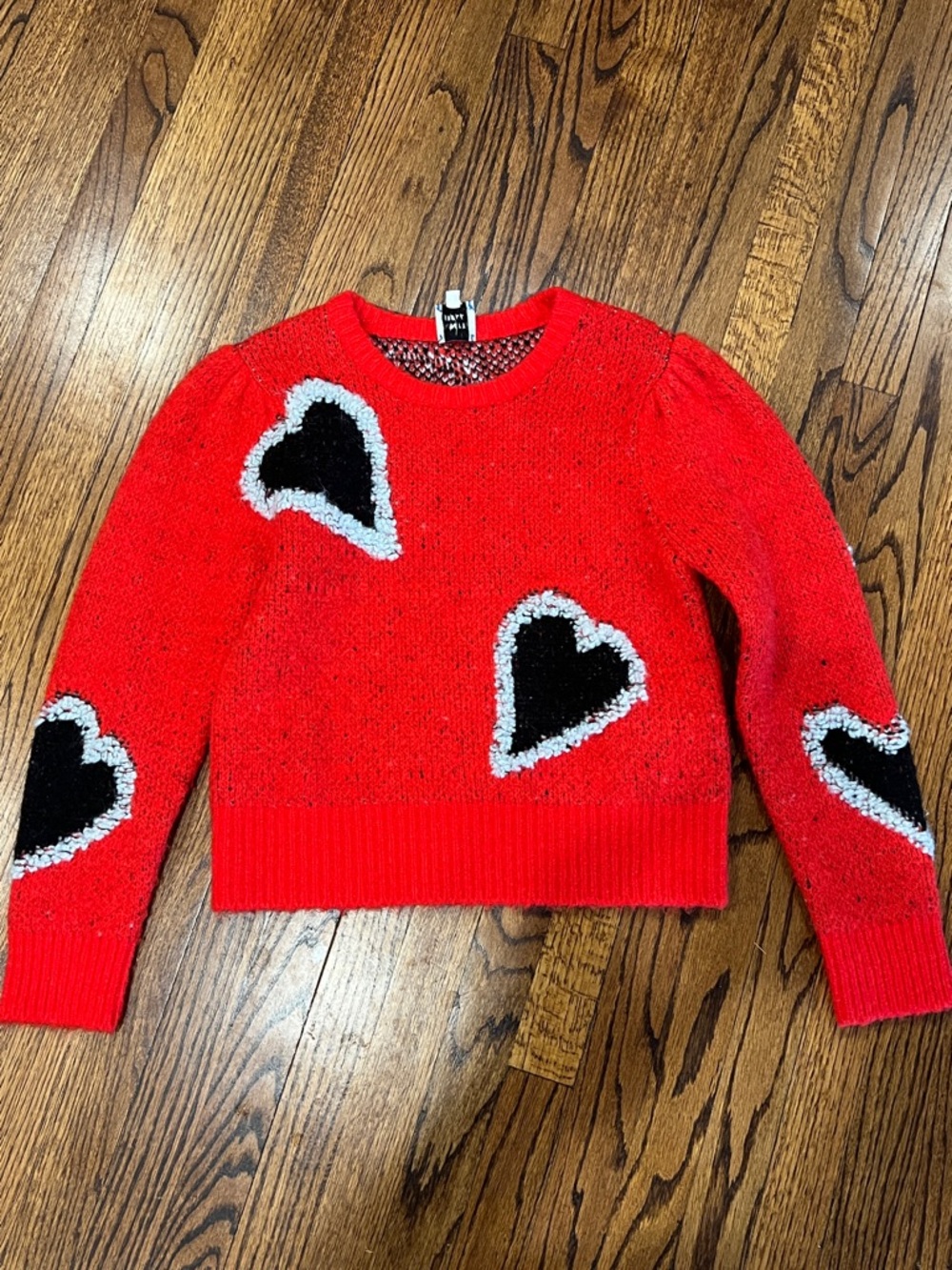 HUNTER BELL Red Crewneck Sweater with Black & White Heart Accents